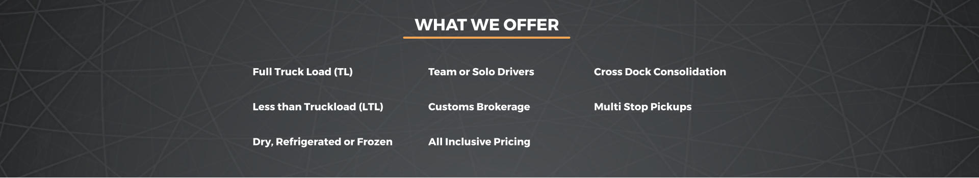 WHAT WE OFFER Full Truck Load (TL) Less than Truckload (LTL) Dry, Refrigerated or Frozen Team or Solo Drivers Customs Brokerage Cross Dock Consolidation Multi Stop Pickups All Inclusive Pricing